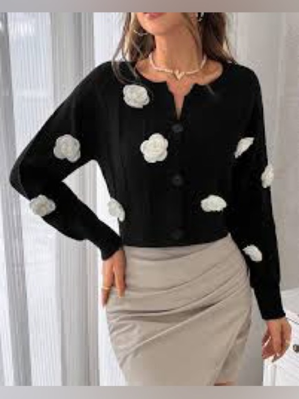 SHEIN Privé Ladies' 3d Flower Decorated Long Raglan Sleeve Cardigan